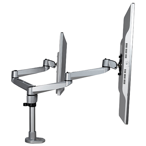 Two articulating monitor arms provide a wide range of motion