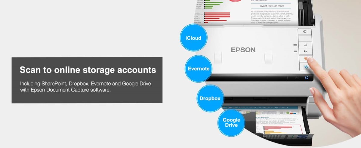 Scan to online storage accounts. Including Sharepoint, Dropbox, Evernote and Google Drive with Epson Document Capture software.
