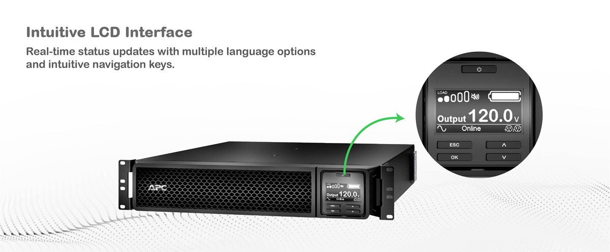 APC Smart-UPS On-Line SRT1500RMXLA with LCD screen zoomed in