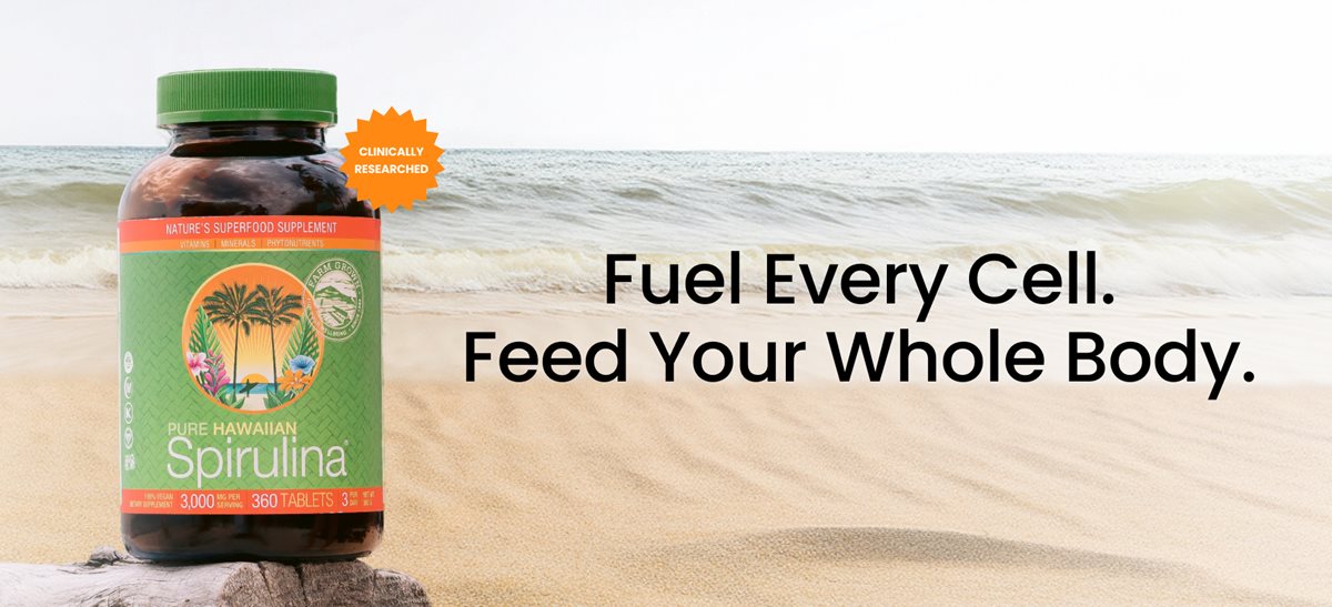 Hawaiian Spirulina Superfood 3000 mg, 360 Count supplement bottle on the beach with clinically researched seal. Fuel Every Cell. Feed Your Whole Body.