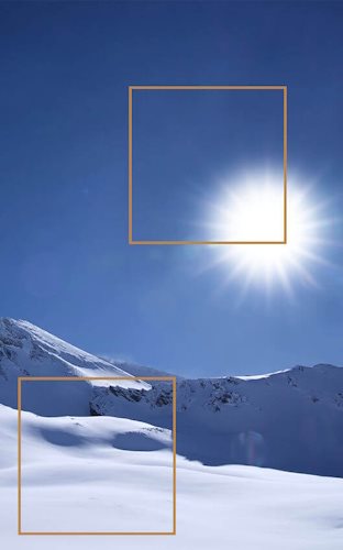 With the PQ Optimized setting applied, the image shows the actual brightness of the sun and snow.