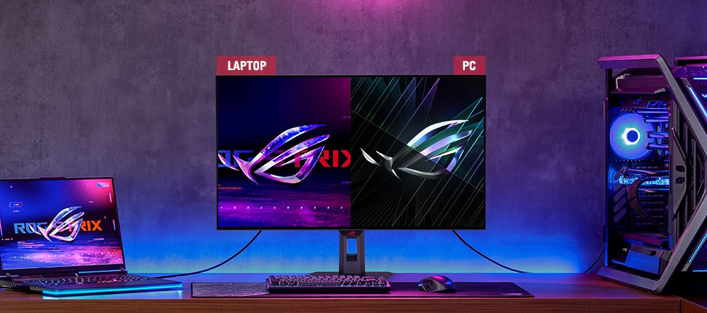 ein ROG-Monitor, der gleichzeitig an einen Laptop und einen PC angeschlossen ist