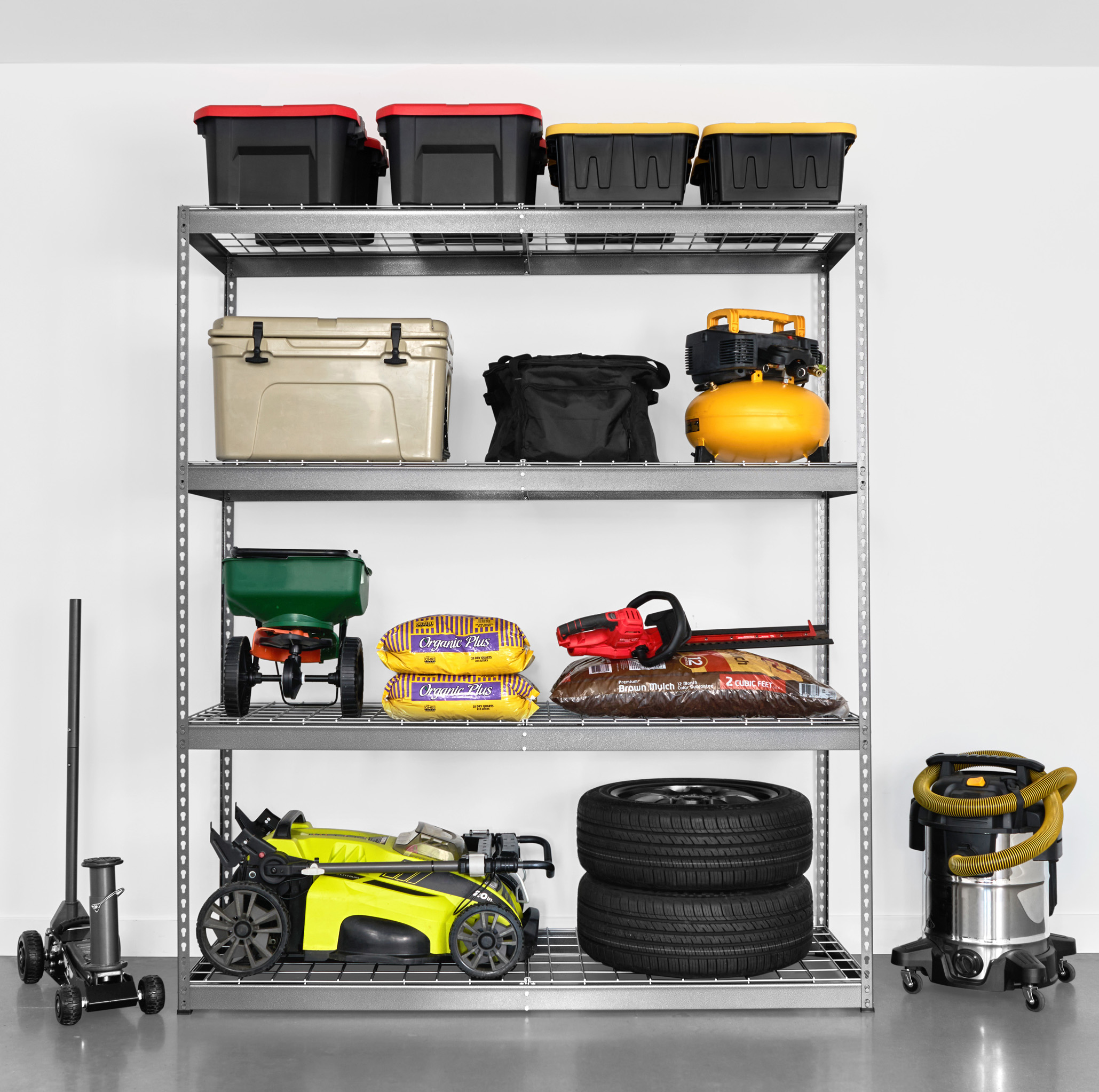 slide 6 of 10, show larger image, saferacks freestanding garage shelving filled with bins, lawn tools, coolers, and 2 tires.