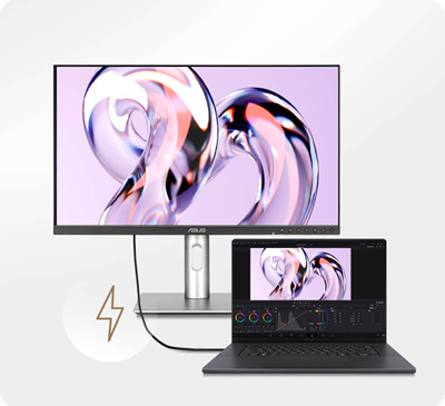 A workspace showcasing a sleek ProArt monitor and laptop connected via a Thunderbolt™ 4 port.