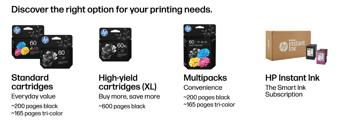 Discover the right option for your printing needs. HP 60 ink lineup with standard black and tri-color cartridges, multipack option, page yields, and HP Instant Ink subscription.