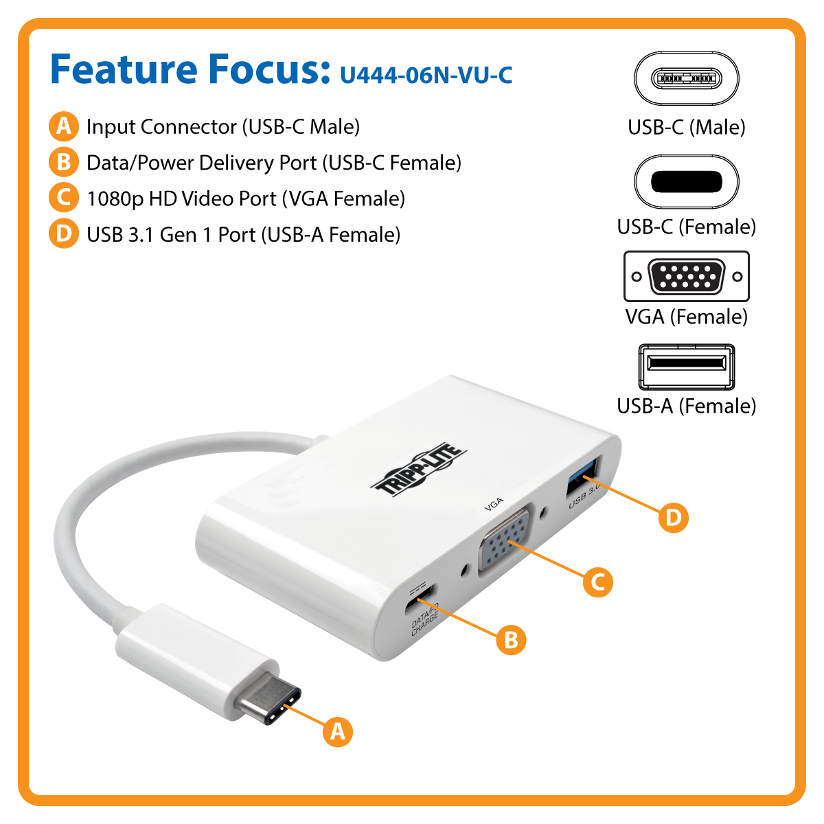 Tripp Lite USB C to VGA Multiport Adapter w/ PD Charging USB Type