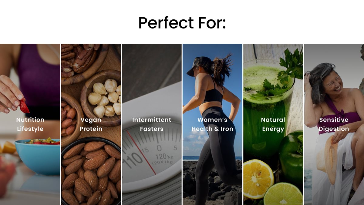 Hawaiian Spirulina Superfood Gummies + Vitamin D3 200 mg, 120 Count showing who this product is good for including people looking for nutrition lifestyle, vegan protein, GLP-1 intermittent fasters, women's health and iron, natural energy, and sensitive digestion.