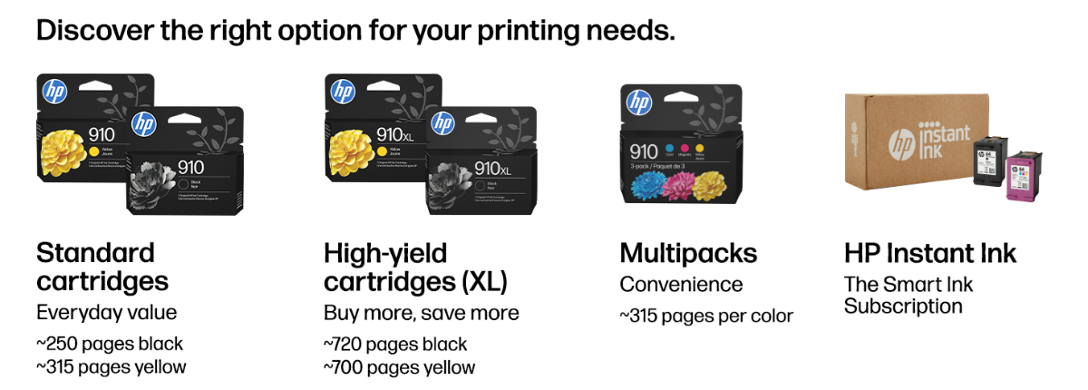 Discover the right option for your printing needs. HP 910 standard black (~250 pages) and yellow (~315 pages), 910XL high-yield black (~720) and yellow (~700), 910 CMY 3-pack multipacks, and HP Instant Ink subscription