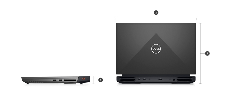 Imagen de dos laptops para juegos Dell G15 5525 con números del 1 al 3 que indican las dimensiones y el peso del producto.