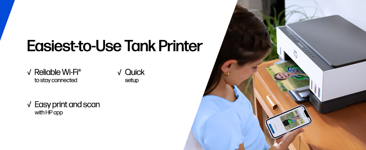 HP Tank Printer with quick setup, reliable Wi-Fi connection, and easy print and scan using the HP Smart app