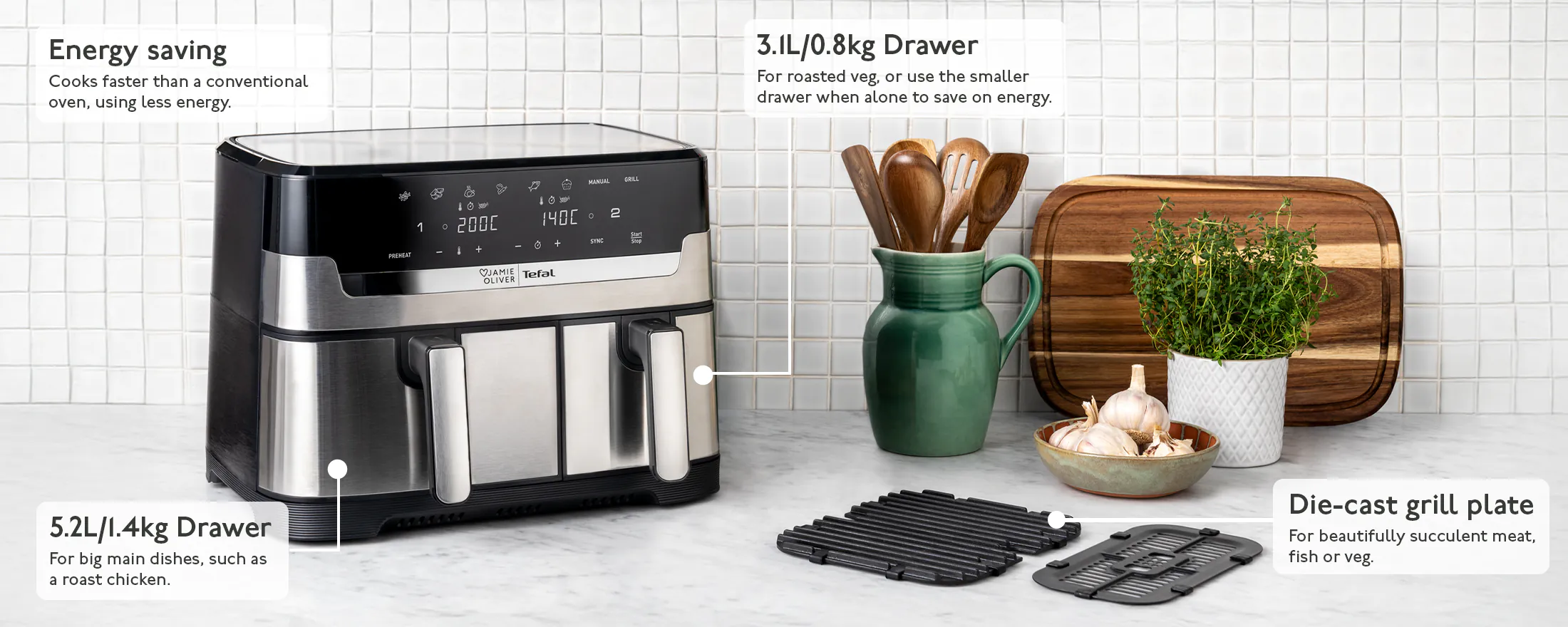 ELLE Dual Air Fryer Triple Air Fryer In Grey With Rose Gold 10 In 1 Cooking Methods Oil Free Cooking Non Stick Dishwasher Safe Smart Match Cook Triple Basket