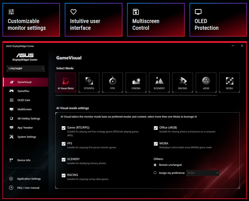 Screenshot of the new ASUS DisplayWidget Center UI showing system settings, OLED functions, and more.