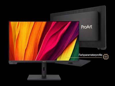 Vorder- und Rückansicht des ProArt Display PA32UCXR, wobei der Monitor ein Bild mit lebhaften Farben zeigt.