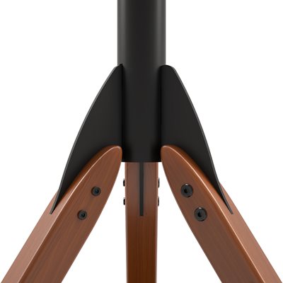 Close-up of the intersection of the three real wood legs and the steel TV support column