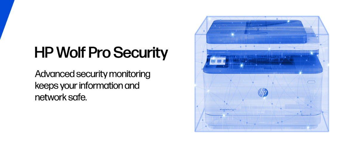An HP LaserJet Pro MFP 3101 printer protected by a digital security shield.