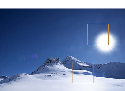 Mit der Einstellung PQ Hard Clip erscheinen die Sonne und der Schnee auf dem Bild heller