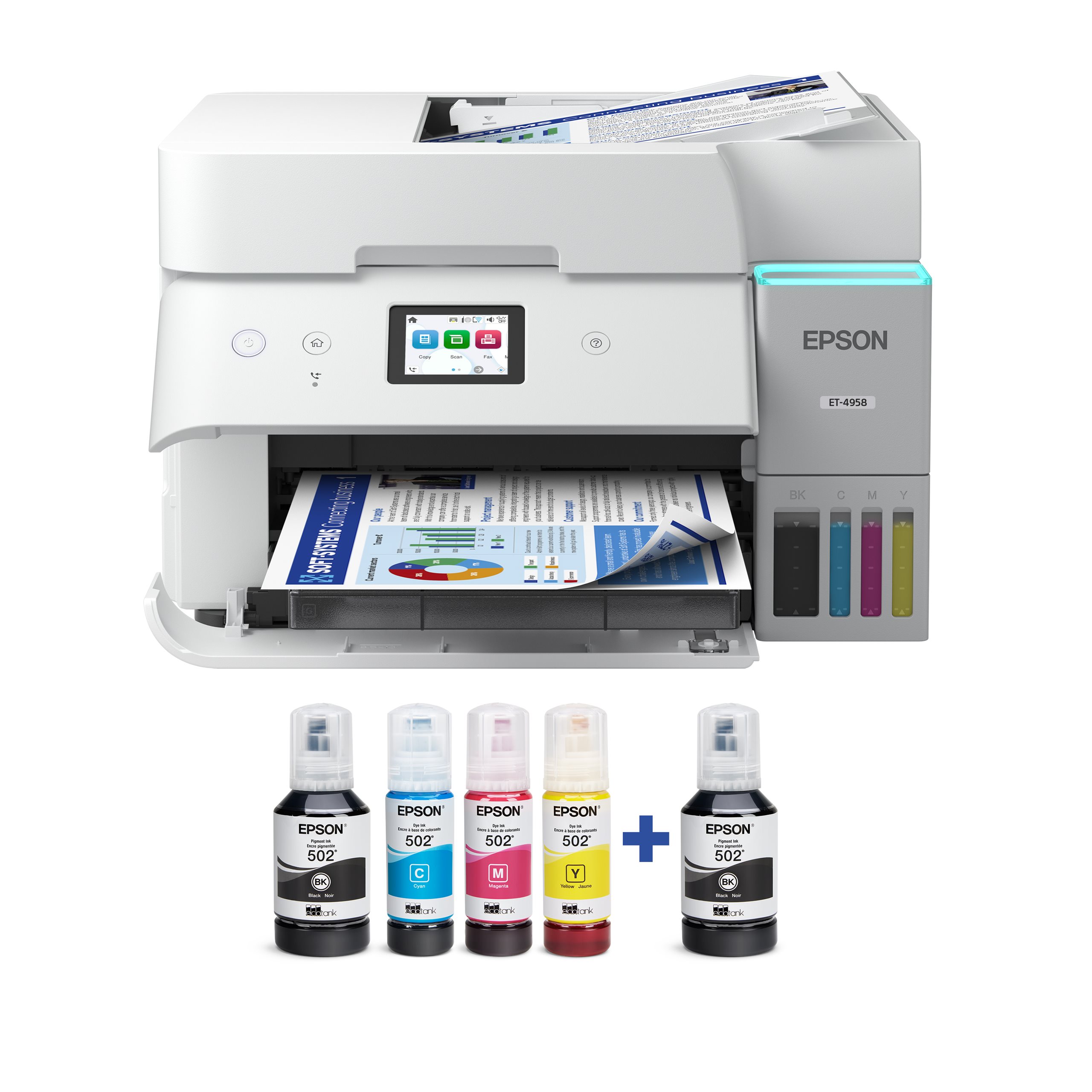 slide 1 of 7, show larger image, ecotank et-4958 printer with ink bottles