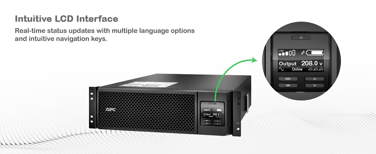 APC Smart-UPS On-Line SRT5KRMXLT with LCD screen zoomed in