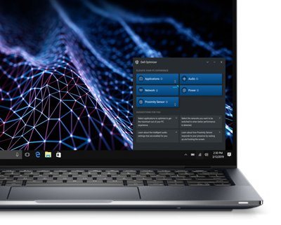 Bild eines Dell Latitude 14 9430-2-in-1-Laptops mit dem Tool Dell Optimizer auf der rechten Seite des Bildschirms.