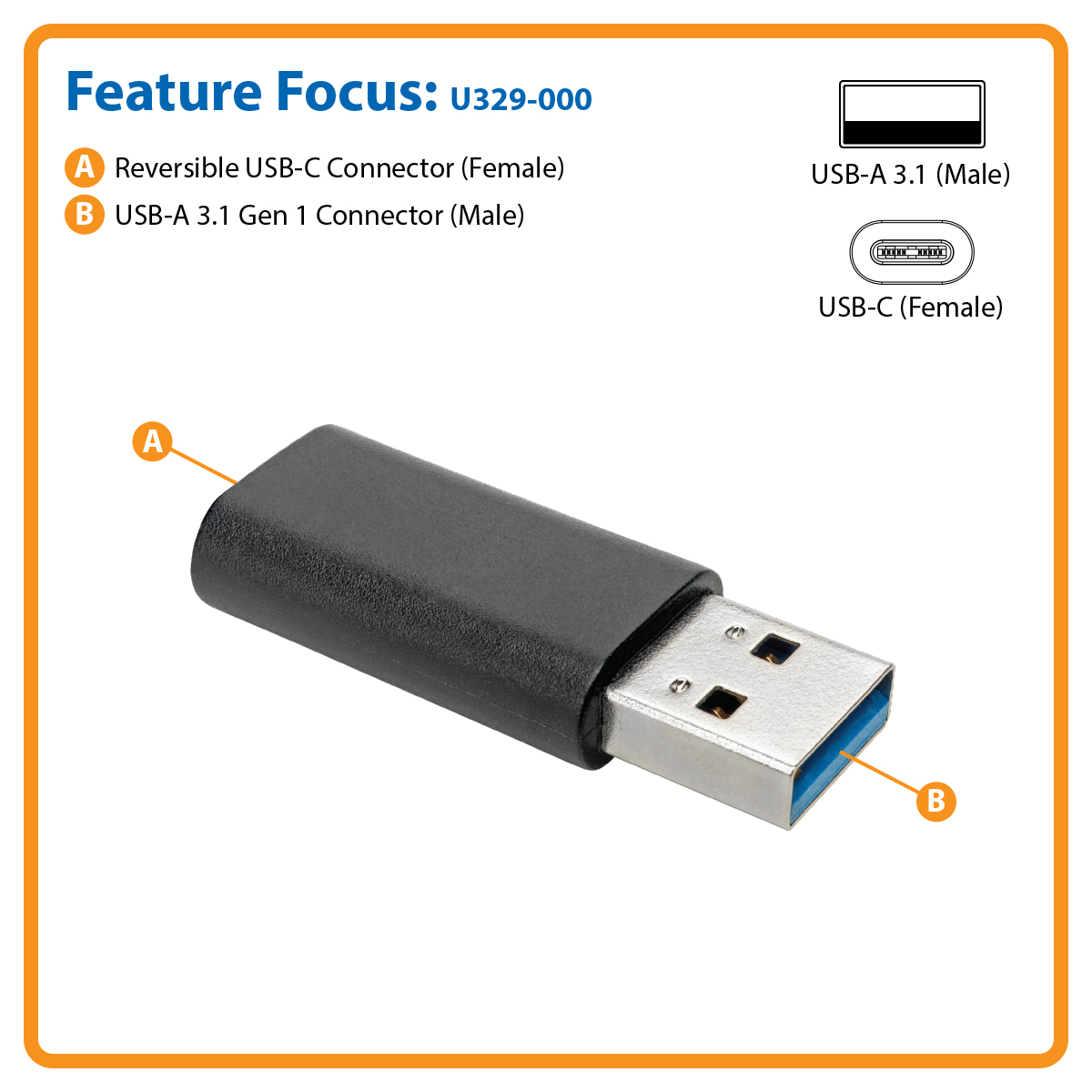 Tripp Lite USB 3.0 Adapter Converter USB-A to USB Type C M/F USB-C - USB-C  adapter