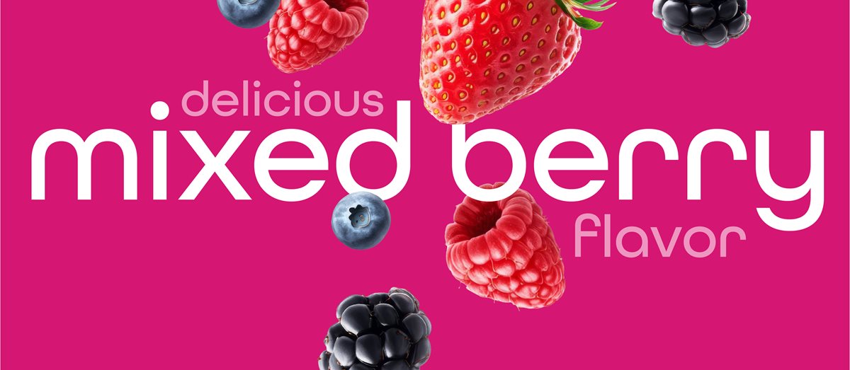 Berries falling on pink backdrop to indicate flavor