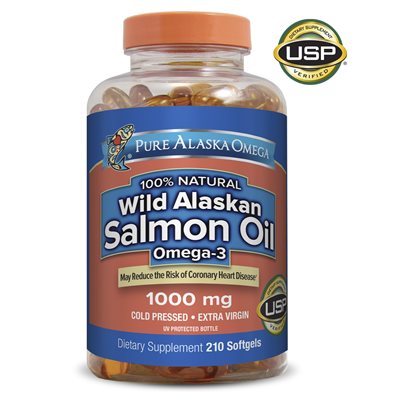 Hình ảnh chai sản phẩm thực phẩm chức năng Pure Alaska Omega Wild Alaskan Salmon Oil 1000mg, 210 viên nang mềm cũ có logo USP.