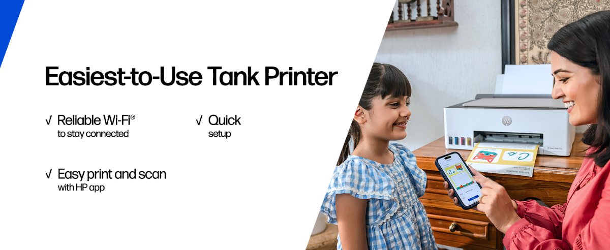 HP Tank Printer with quick setup, reliable Wi-Fi connection, and easy print and scan using the HP Smart app