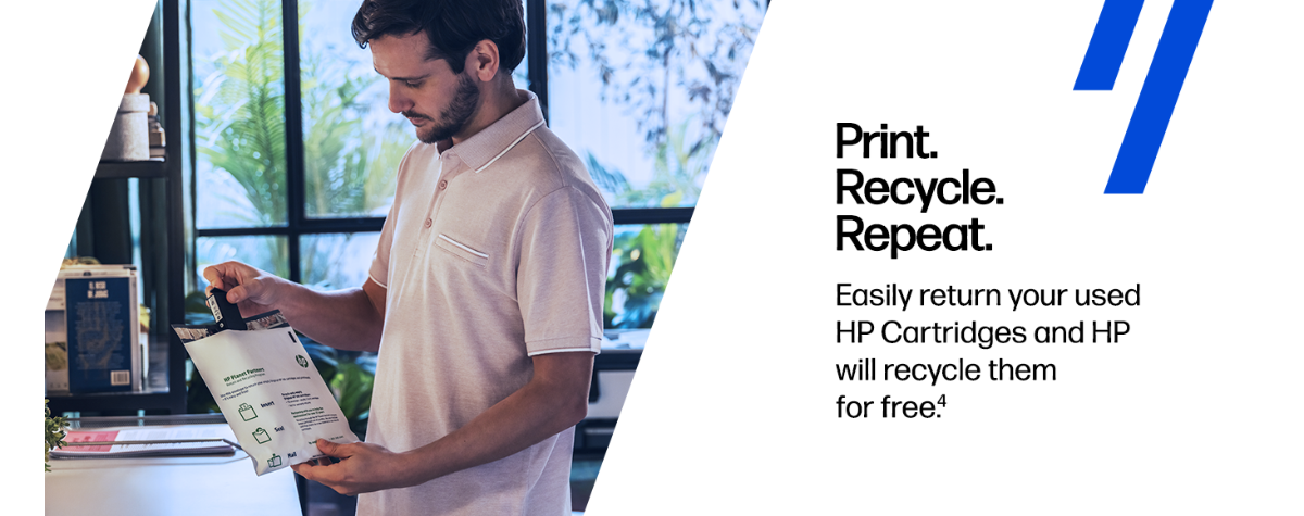 Print. Recycle. Repeat. Easily return your used HP Cartridges and HP will recycle them for free.4