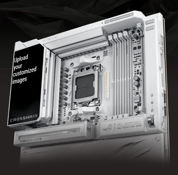 The ROG Crosshair X870E Glacial features a full-color 5-inch LCD screen