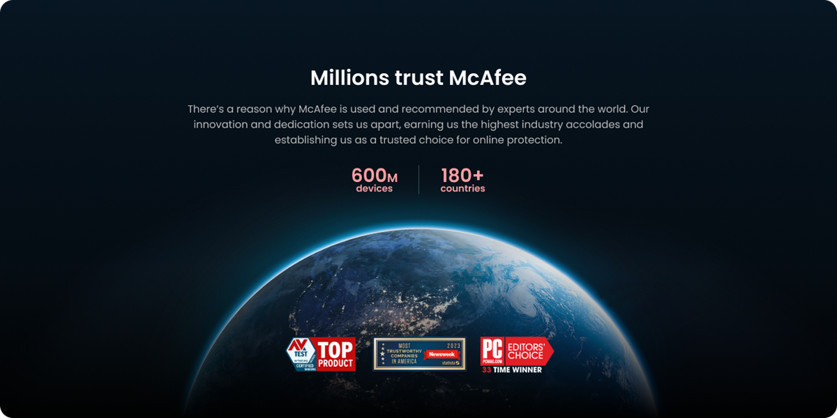 Millions trust McAfee with award icons below.