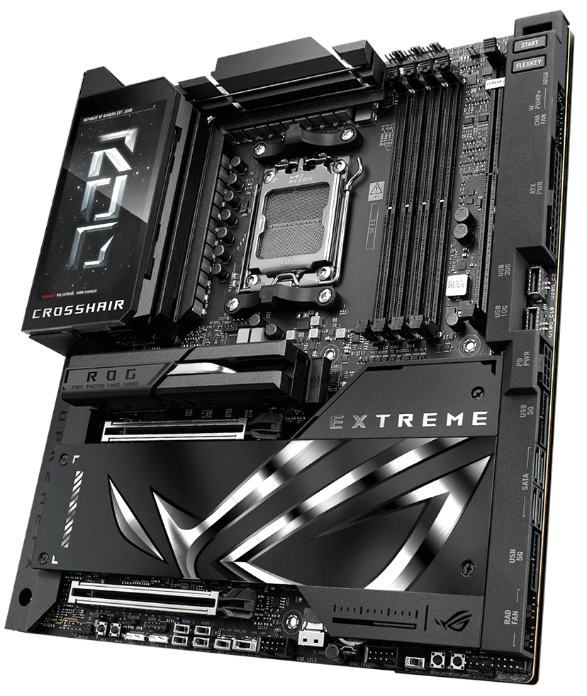 Das ROG Crosshair X870E Extreme linksseitig Winkel