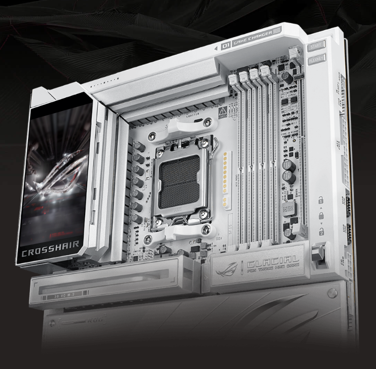 The ROG Crosshair X870E Glacial features a full-color 5-inch LCD screen