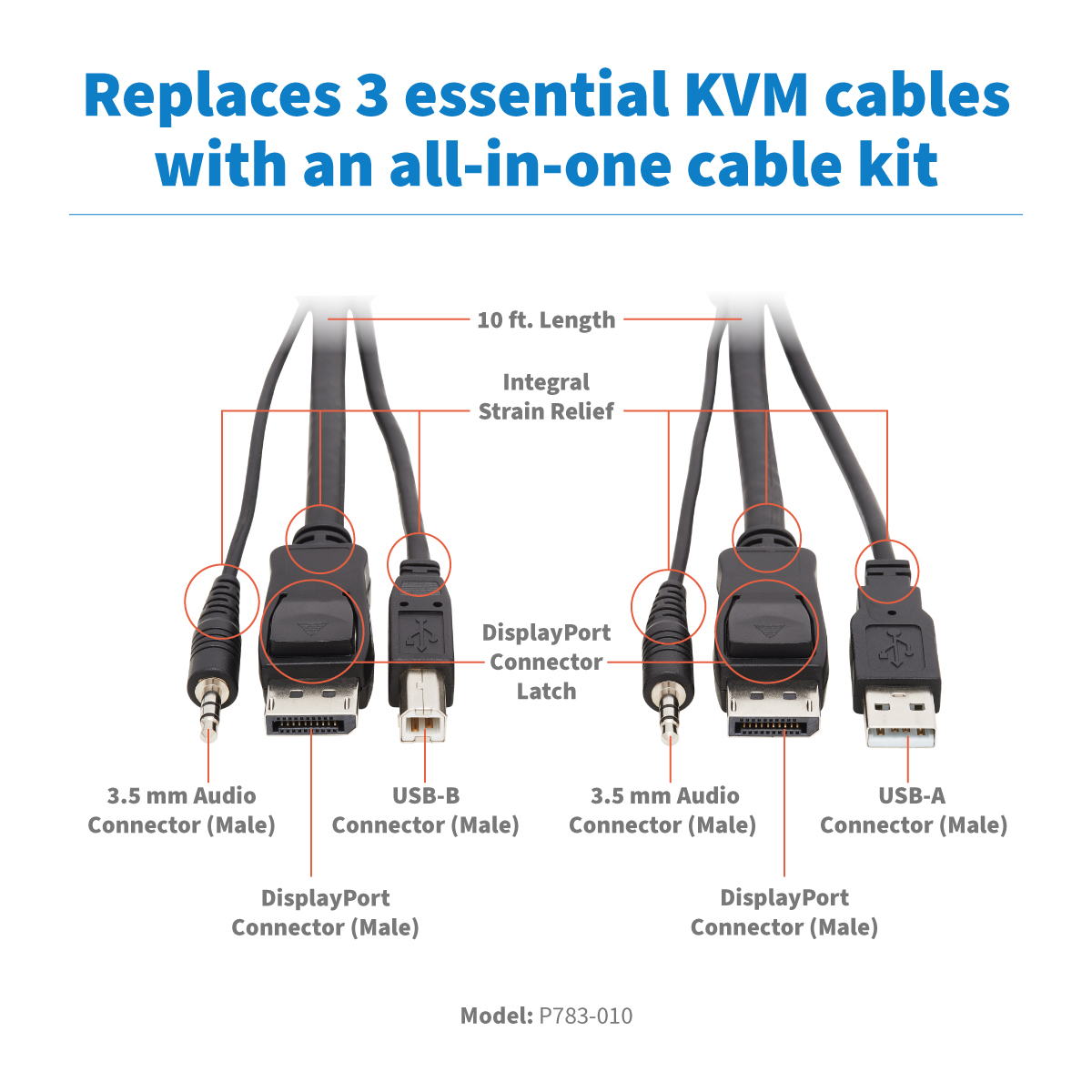 Tripp Lite KVM Cable Kit, 3 in 1 - 4K DisplayPort, USB, 3.5 mm