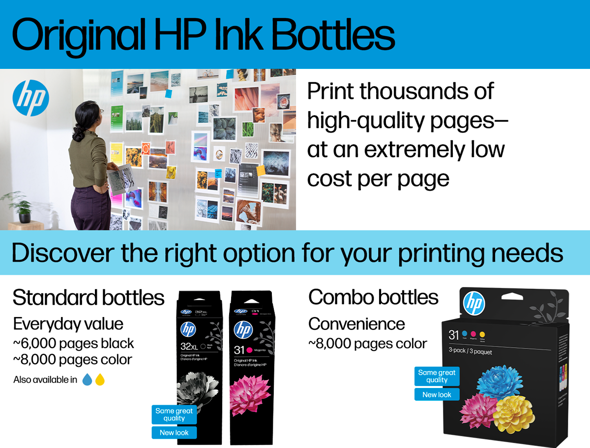 Promotional image for Original HP Ink Bottles. The image is divided into three sections. The top section features a person standing next to a wall covered with various printed photographs and the text 'Original HP Ink Bottles' and 'Print thousands of high-quality pages at an extremely low cost per page.' The middle section has a blue background with the text 'Discover the right option for your printing needs.' The bottom section is split into two parts: the left part shows 'Standard bottles' with a description 'Everyday value ~6,000 pages black, ~8,000 pages color' and images of black and magenta ink bottles. The text also mentions 'Also available in yellow and cyan.' The right part shows 'Combo bottles' with a description 'Convenience ~8,000 pages color' and images of a pack containing cyan, magenta, and yellow ink bottles.