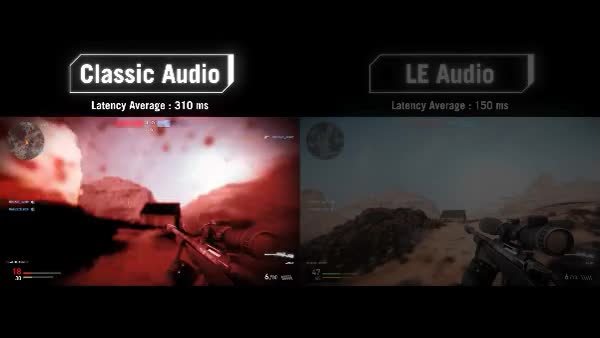Das Video zeigt ein FPS-Gameplay, um die Latenzunterschiede zwischen Classic Audio (durchschnittlich 310 ms) und LE Audio (durchschnittlich 150 ms) zu demonstrieren.