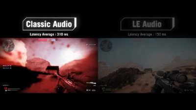 Das Video zeigt ein FPS-Gameplay, um die Latenzunterschiede zwischen Classic Audio (durchschnittlich 310 ms) und LE Audio (durchschnittlich 150 ms) zu demonstrieren.