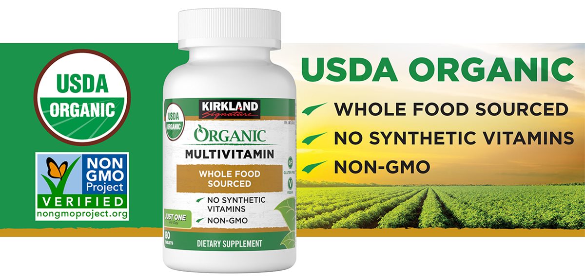 Hình ảnh sản phẩm trước cánh đồng trồng trọt với logo USDA Organic và logo Non-GMO Project Verified. USDA Organic. Nguồn gốc thực phẩm nguyên chất, không chứa vitamin tổng hợp, không biến đổi gen.