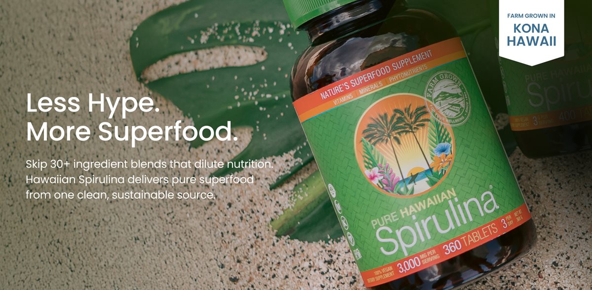 Hawaiian Spirulina Superfood Tablets 1000 MG 360 Count Supplement Bottle on the sand highlighting nutrition density. Title: Less Hype. More Superfood. Body copy: Skip 30+ ingredient blends that dilute nutrition. Hawaiian Spirulina delivers pure superfood from one clean, sustainable source.