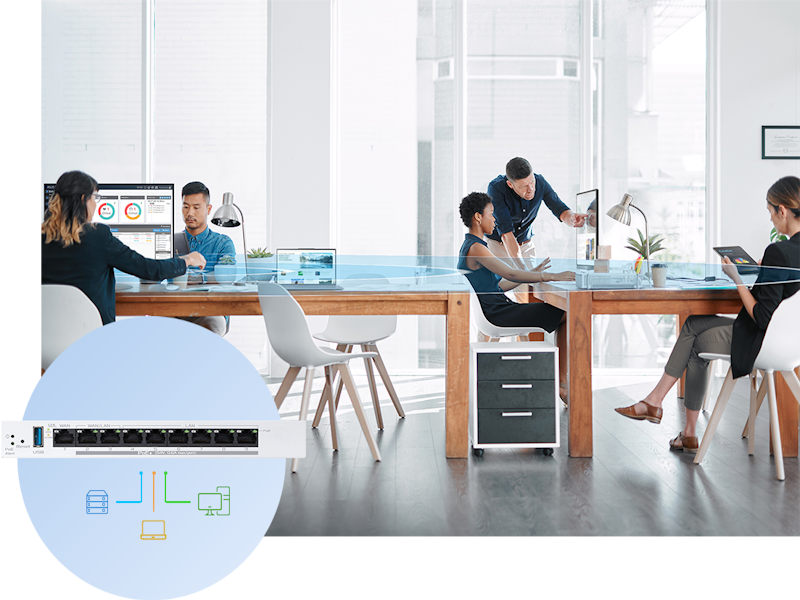 Employees connecting to different VLANs in the office.