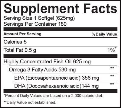 Supplement Facts panel information. Serving Size: 1 Softgel (625mg); Servings Per Container: 180; Calories per serving: 5; Total Fat per Serving: 0.5g (1% Daily Value based on a 2,000 calorie diet); Highly Concentrated Fish Oil per Serving: 625mg (Daily Value not Established); Omega-3 Fatty Acids per Serving: 530mg (Daily Value not Established); EPA (Eicosapentaenoic acid) per Serving: 356mg (Daily Value not Established); DHA (Docosahexaenoic acid) per Serving: 144mg (Daily Value not Established).