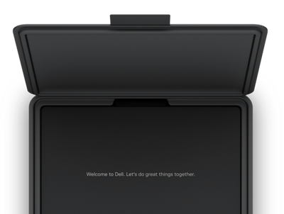 Bild einer schwarzen Verpackung des Dell Latitude 14 9430-2-in-1-Laptops mit dem darin enthaltenen Laptop.