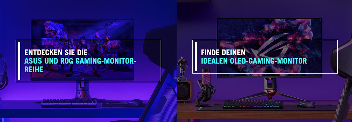 ROG-Gaming-Setup mit einem PC, Monitor, Tastatur, Maus und Headset.