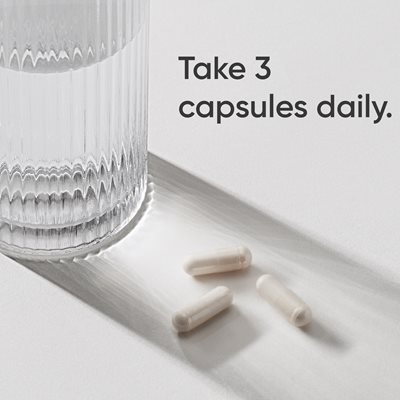 Image of a glass of water and 3 Multi Collagen capsules with the text: "Take 3 capsules daily."