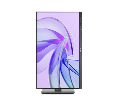 An ASUS ProArt monitor displayed in portrait mode, showing an abstract purple and blue graphic on its screen.