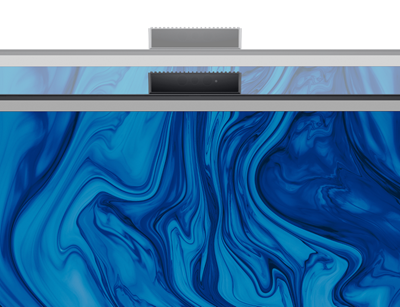 Ein Bild der Webcam des Dell C2423H Videokonferenzmonitors ist über dem Produkt verfügbar. Der Bildschirm hat einen blauen Hintergrund.