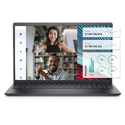 Immagine di un notebook Dell Vostro 3520 da 15" con un uomo e una donna in videoconferenza sullo schermo.