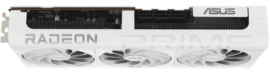 Angled top down view of the Prime Radeon RX 9070 XT White Edition graphics card hero angle