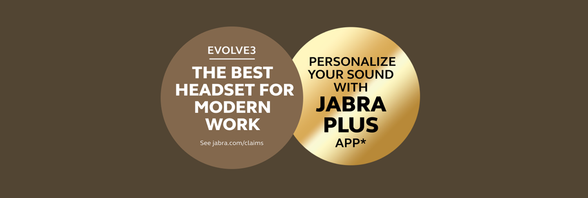Two large circular badges promoting Evolve3 as the best professional headset for modern work and the Jabra Plus app.