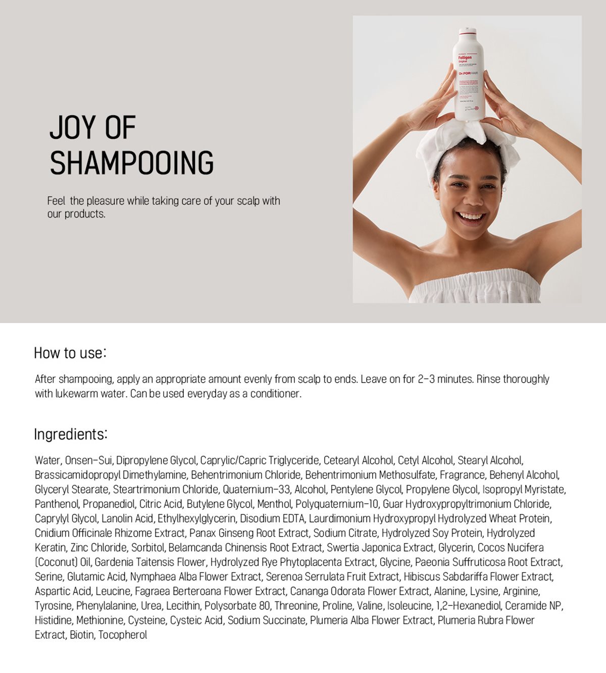 A photo of a model with her hair and body wrapped in clean white towels looking happy and joyful holding up a bottle of the Dr. for Hair Folligen Original Shampoo, looking like she is about to or just finish taking a shower and washing her hair.