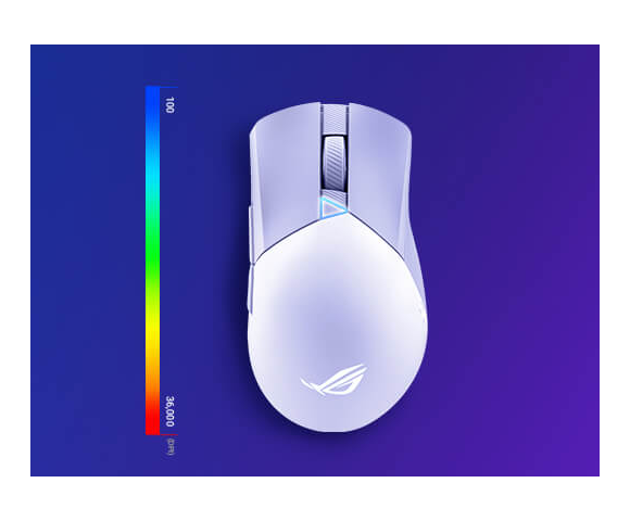 Die Vorder- und Rückansicht der Moonlight White ROG Gladius III Wireless AimPoint mit einem RGB-Farbspektrum an der Seite